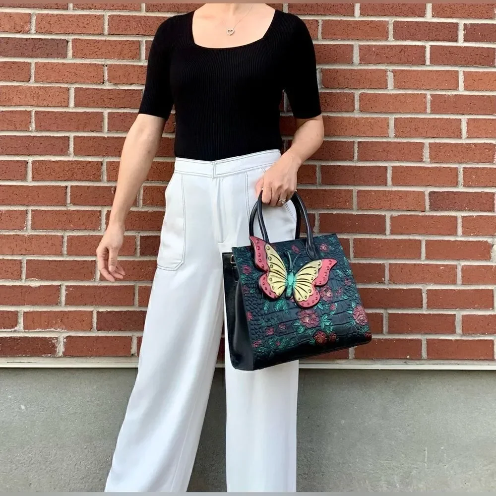 Hand Painted Genuine Leather Floral Embossed with 3D Butterfly Handbag